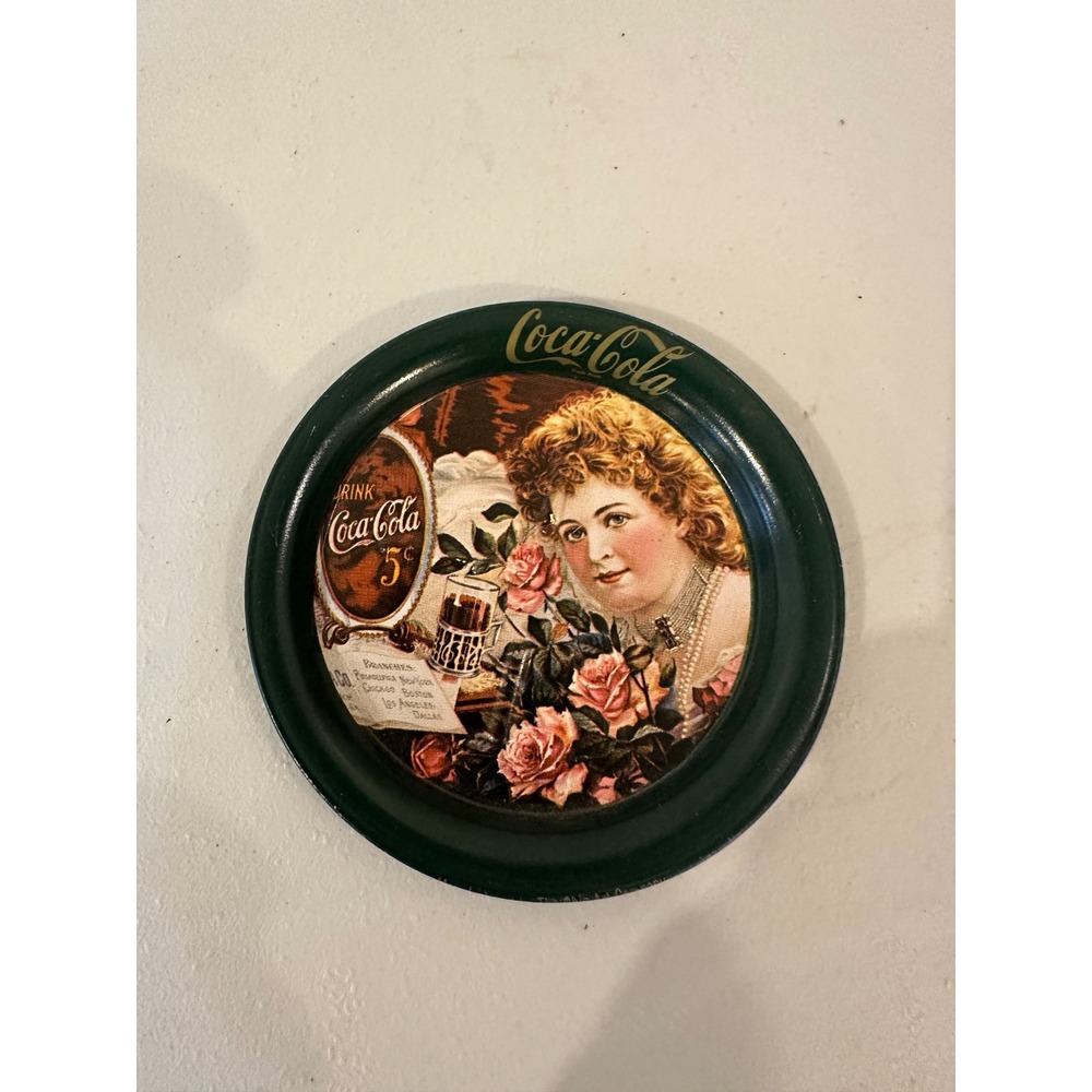 Vintage coke coca cola tin metal coaster 1993 victorian green calendar girl soda